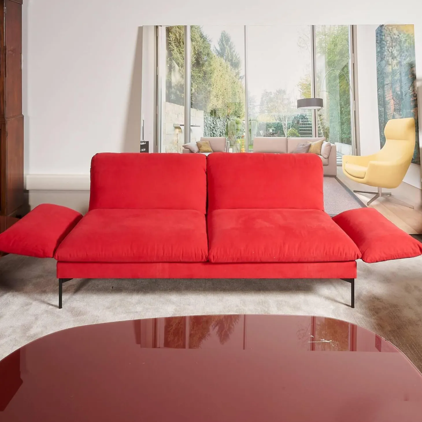 Sofa Heaven Bezug Stoff Hot Madison Reboot CH1249 706 Rot Füße Matt Lackiert Schwarz Mit Zwei Abklappbaren Armlehnen