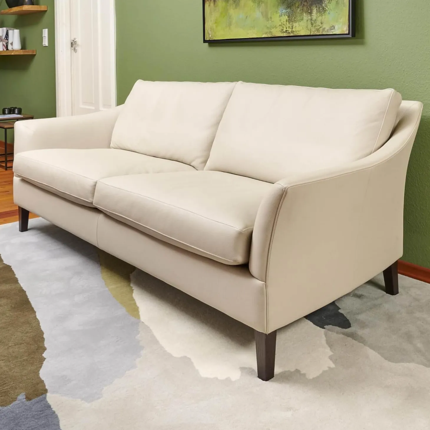 Sofa Saloni Leder Normandie Kiesel BW 0140 020 Beige Gestell Eiche Wengefarbig