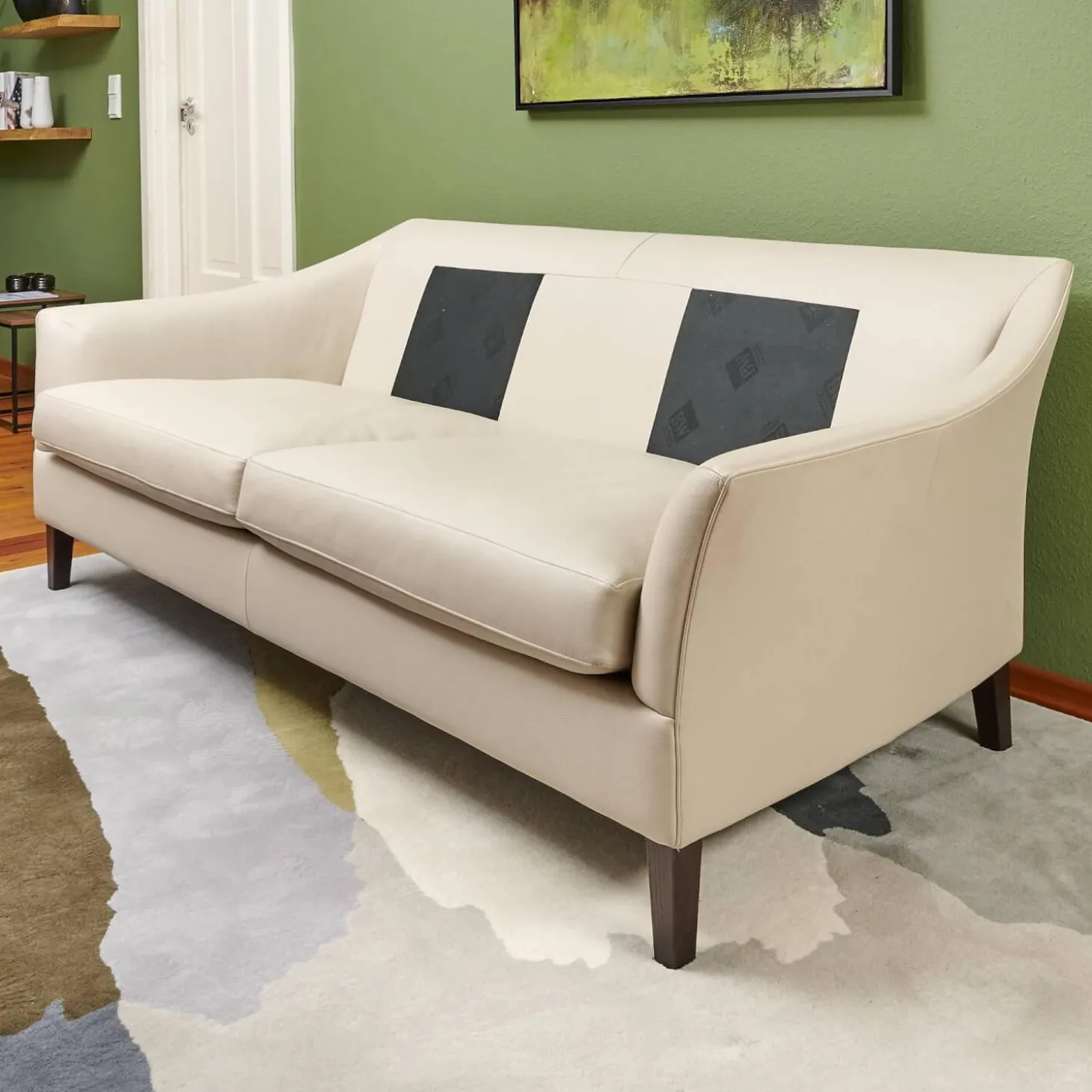 Sofa Saloni Leder Normandie Kiesel BW 0140 020 Beige Gestell Eiche Wengefarbig