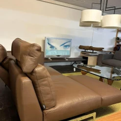 Sofa Smart Bezug Leder Rancho Tobacco Braun Flachstahlfuß Chrom Glanz Mit Schwenkbaren Armteilen