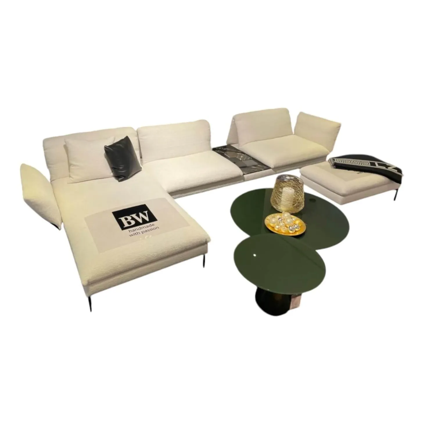 Sofalandschaft Heaven Stoff Queen 171 Wollweiß Weiß Metallfuß Rund Matt Schwarz Auflagetischplatte Quarzit Dunkel Mit Hocker