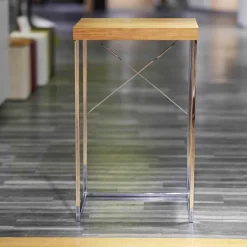 Stehtisch Nussbaum Furniert Gestell Stahl Hochglanz Verchromt