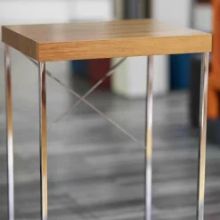 Stehtisch Nussbaum Furniert Gestell Stahl Hochglanz Verchromt