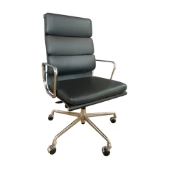 Stuhl EA219 Softpad Leder Cuir Nero Schwarz Gestell Aluminium Verchromt Füße Rollen Schwarz