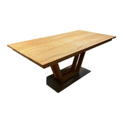 Säulen-Esstisch Faro Plus Platte Kernbuche Geölt Bodenplatte Edelstahloptik Mit Auszug