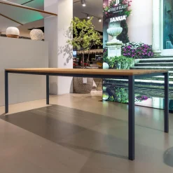 Tisch S600 Outdoor Akazie Gebürstet Roh Braun Gestell Edelstahl Pulverbeschichtet Schiefergrau Schwarz