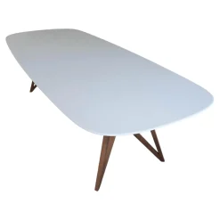 Tisch Seito Quarzstein Weiß Gestell Holz Nussbaum Mit Splitanteil Geölt Bootsförmig