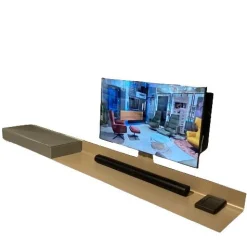 TV Lowboard Air Front Glas Granit Grau Satiniert Air Board Metall Champagner Grau Beige Inklusive LED Beleuchtung Und Charge Bar