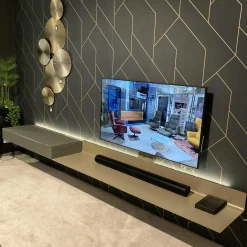 TV Lowboard Air Front Glas Granit Grau Satiniert Air Board Metall Champagner Grau Beige Inklusive LED Beleuchtung Und Charge Bar