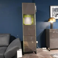 Vitrine 71812 Schiefergrau Hochglanz Kufe Metall Schwarz Inklusive Beleuchtung