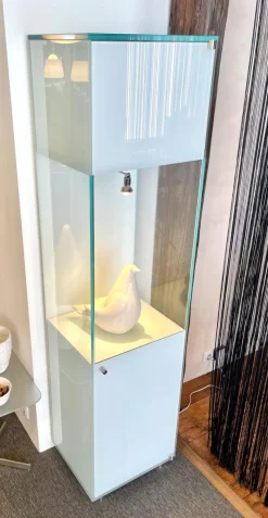 Vitrine Solus Türen Optiwhiteglas Partiell Mit Colorlack Weiß Korpus Metallteile Edelstahl Mit LED Beleuchtung
