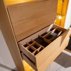 Vitrine SY 772 Puro Syle Asteiche Massiv Gebürstet Natur Geölt Farbglas Schwarzgrau Matt Mit Sockel Und Beleuchtung