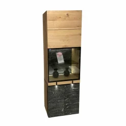 Vitrine V-Rock Alteiche Rustiko Steinakzent Mit Steinrückwand Inklusive Beleuchtung