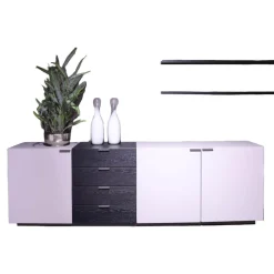 Wohnkombination 4450 Vorschlag 8185 Lack Platingrau Griffe Titangrau Regalböden Eiche Schwarz Echtholzfurniert