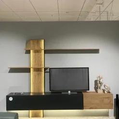 Wohnkombination Trevi 7250 V22 Kerneiche Umato Birke Lack Anthrazit Paneel Riffholz Inklusive Beleuchtung