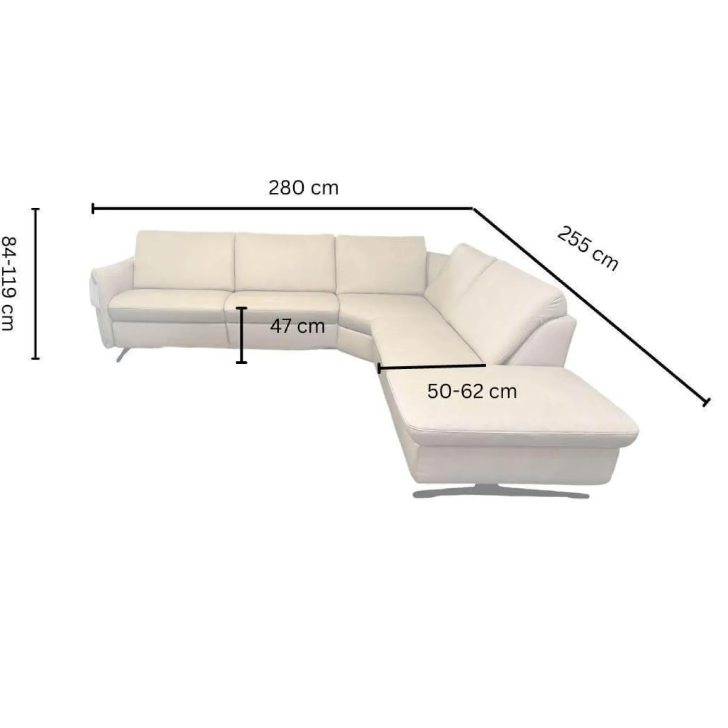 Wohnlandschaft Amalfi Leder Evita Ecru Beige Grau Füße Metallkufe Schwarz Lackiert Mit Elektrische Relaxverstellung