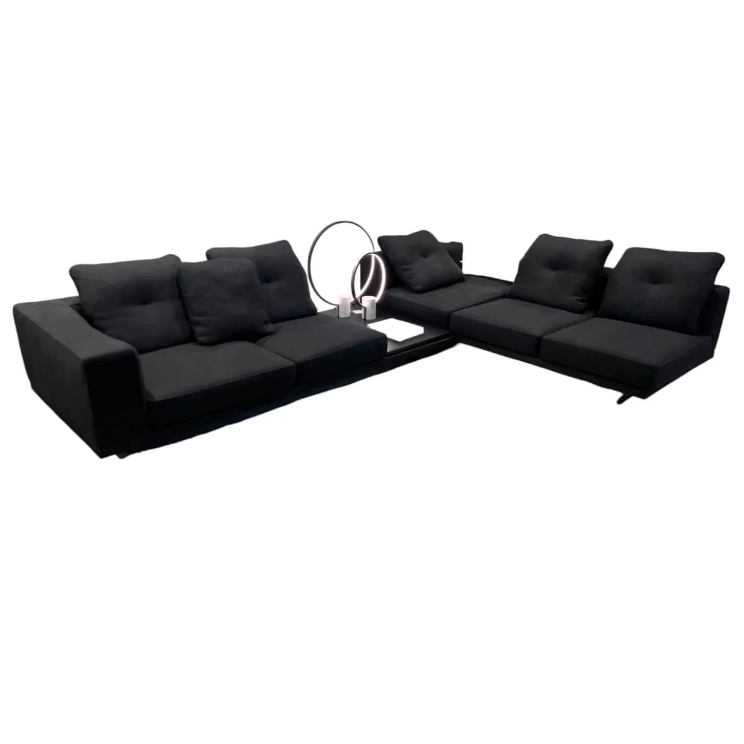 Wohnlandschaft Dylan Stoff Ginza Col. 09 Nero Schwarz Basis Leder Nabuk Kufen Zinnfarbig