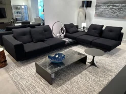 Wohnlandschaft Dylan Stoff Ginza Col. 09 Nero Schwarz Basis Leder Nabuk Kufen Zinnfarbig