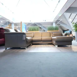 Wohnlandschaft E40 Leder Paloma Khaki Grau Grün Füße Metall Inklusive Nacken Und Lendenkissen Set