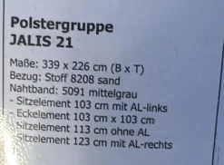 Wohnlandschaft Jalis Stoff 8208 Sand Nahtband 5091 Mittelgrau 339 x 226