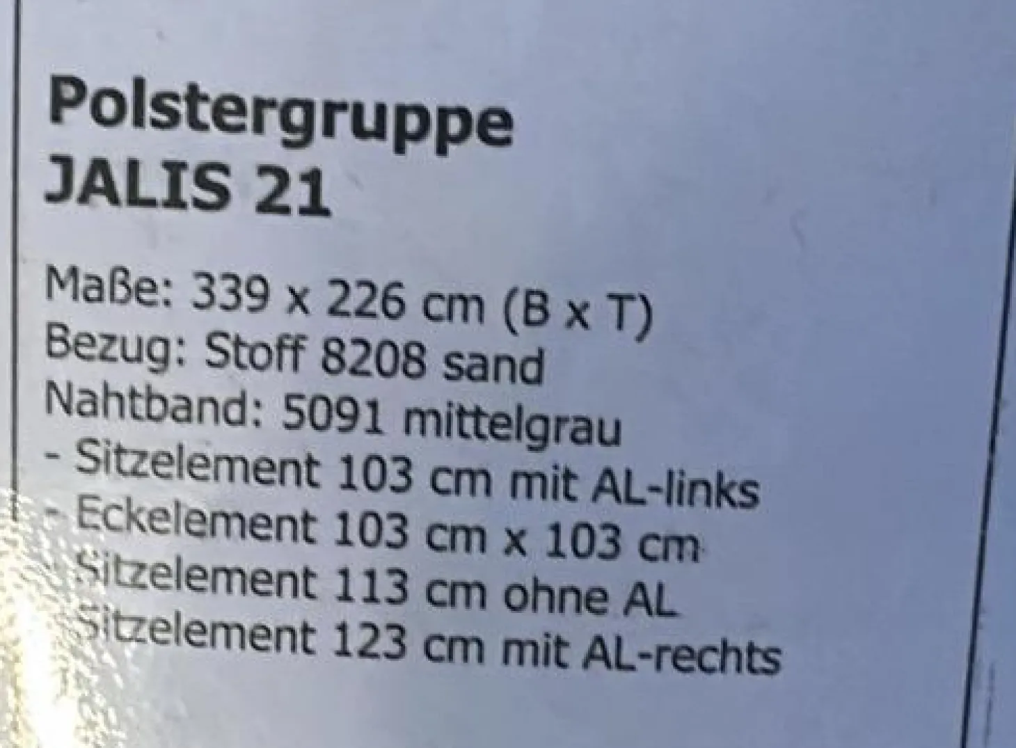 Wohnlandschaft Jalis Stoff 8208 Sand Nahtband 5091 Mittelgrau 339 x 226