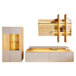 Wohnwand 2001 Kerneiche Natur Gebürstet Absetzungen Mattglas Naturgrau Mit Beleuchtung