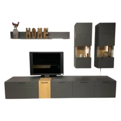 Wohnwand 2023 Lack Carbongrau Akzente Hirnholz Salzkammerguteiche Inklusive Beleuchtung