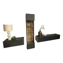 Wohnwand 2023 Lack Carbongrau Akzente Hirnholz Salzkammerguteiche Inklusive Beleuchtung Mit Fernsteuerung