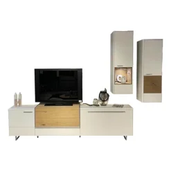 Wohnwand 2102 Mattlack Kristallweiß Absetzung Asteiche Hell Furniert Inklusive Beleuchtung Mit Fernbedienung