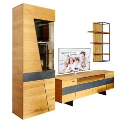 Wohnwand 2021 Vollholz Wildeiche Furniert Mattlack Beton Grau Griffe Und Füße Metall Effektlack Matt Grey Grau Glas Parasolglas Braun Mit Beleuchtung