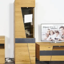 Wohnwand 2021 Vollholz Wildeiche Furniert Mattlack Beton Grau Griffe Und Füße Metall Effektlack Matt Grey Grau Glas Parasolglas Braun Mit Beleuchtung