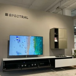 Wohnwand Ameno Lowboard Glas Snow Weiß Satiniert Mit Textilgewebe Carbon Schwarz Hängeschrank Front Glas Champagner Grau Beige Korpus Furnier Eiche Smoked Anthrazit Inklusive Beleuchtung Und Lautsprecher