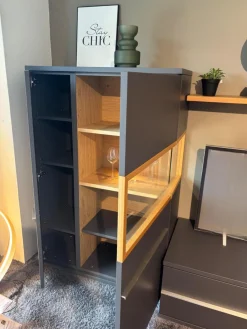 Wohnwand Aterno Front Und Korpus Schiefergrau Grau Absetzung Eiche Struktur Inklusive LED Beleuchtung