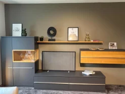 Wohnwand Aterno Front Und Korpus Schiefergrau Grau Absetzung Eiche Struktur Inklusive LED Beleuchtung