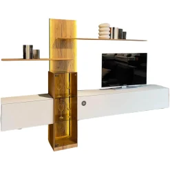 Wohnwand Benjo 7720W V20 Kerneiche Umato Sägerau Gebürstet Applikation Lack Weiß Mit Beleuchtung