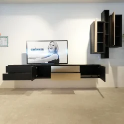 Wohnwand Bera Eiche Satin Terra Schwarz Gold Inklusive Sideboard Und Couchtisch