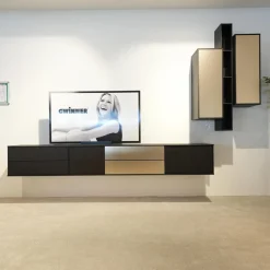 Wohnwand Bera Eiche Satin Terra Schwarz Gold Inklusive Sideboard Und Couchtisch