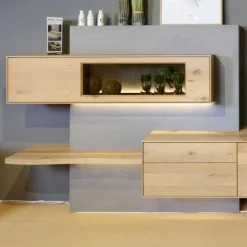 Wohnwand Brik Kerneiche Natur Massiv Akzente In Betonstein Inklusive 2 Wandleuchten