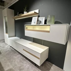 Wohnwand Calea Lack Seidenmatt Weiß Akzent Wildeiche Natur Mit LED Beleuchtung