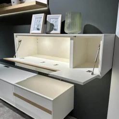 Wohnwand Calea Lack Seidenmatt Weiß Akzent Wildeiche Natur Mit LED Beleuchtung