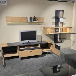 Wohnwand Cantato 1006 Balkeneiche Natur Lack Seidenmatt Anthrazit Griff Anthrazit Fußgestell Metallverstärkung Mit LED Beleuchtung