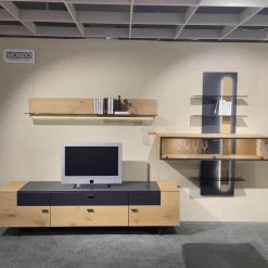 Wohnwand Cantato 1006 Balkeneiche Natur Lack Seidenmatt Anthrazit Griff Anthrazit Fußgestell Metallverstärkung Mit LED Beleuchtung