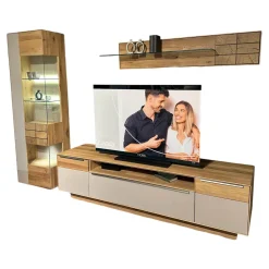 Wohnwand Carson Asteiche Massiv Bianco Geölt Akzent Glas Schlamm Grau Satiniert