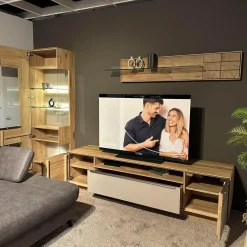 Wohnwand Carson Asteiche Massiv Bianco Geölt Akzent Glas Schlamm Grau Satiniert