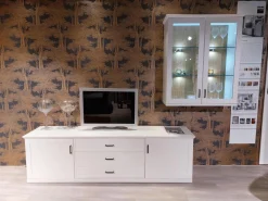 Wohnwand Caseda Lack Weiß Absetzung Wildeiche Furniert Griff Schwarz