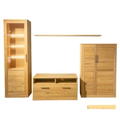 Wohnwand Casera 16 Rustikale Asteiche Hartwachsöl Bianco Geschliffen Klarglas Metallgriff Nickelfarbig Gebürstet Inklusive LED Beleuchtung