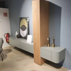 Wohnwand Clea Lack LM Pigeon Grau Absetzung Asteiche Bianco