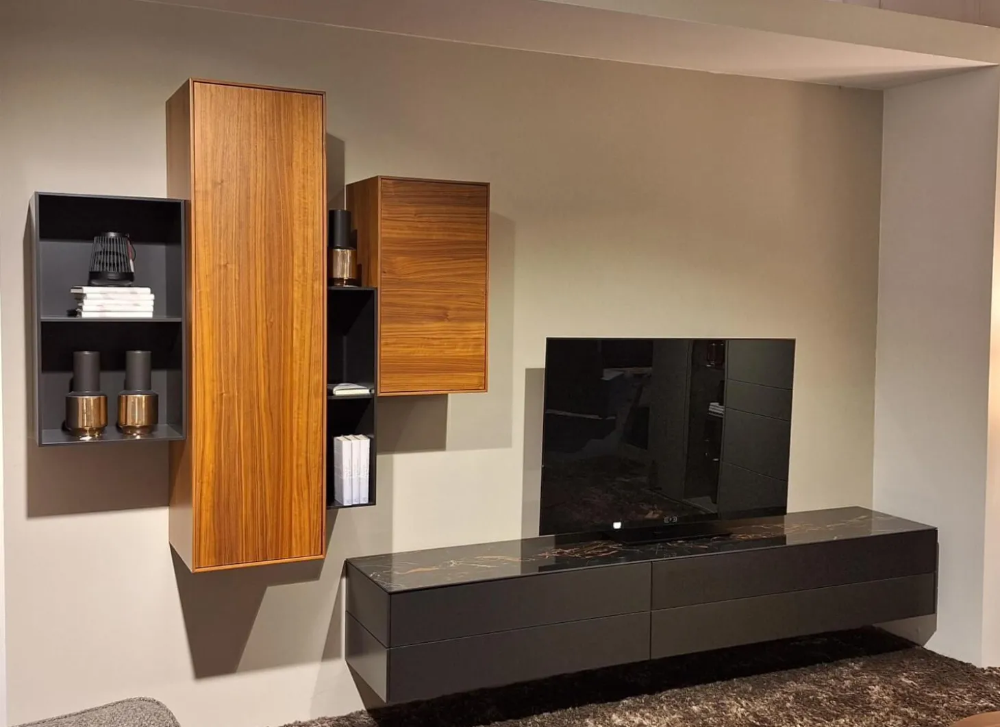 Wohnwand Cubo Game Lack Matt Cosmos Grau Nussbaum Natur