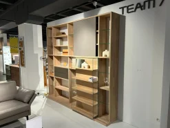 Wohnwand Cubus Eiche Weißöl Schiebetür Farbglas Taupe Grau Matt Klappgriffe Edelstahl