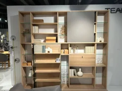 Wohnwand Cubus Eiche Weißöl Schiebetür Farbglas Taupe Grau Matt Klappgriffe Edelstahl